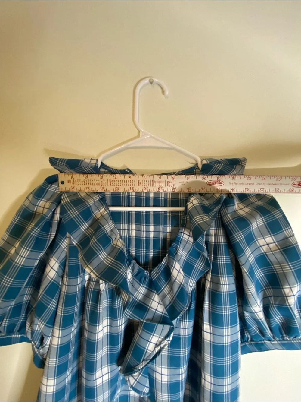 LOFT Teal and White Plaid Ruffle V-Neck Puff Sleeve Blouse